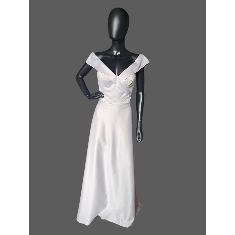 Dew Drop (Silver) Off Shoulder Satin Full Length A-Line Formal Dress - Mori Lee